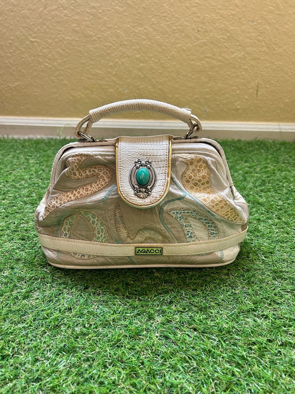 a'gaci Cream Paisley Mini Top-Handle Bag with Turquoise Accent
